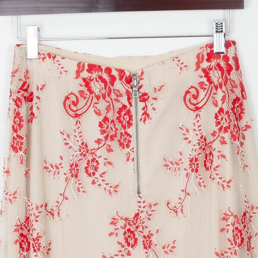 Alice + Olivia Kira Maxi Dress Embroidered Floral Sheer Nude Red Romantic Size 6 - Picture 8 of 9